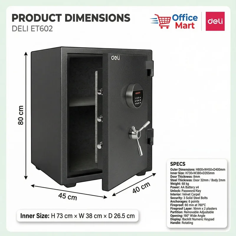 Deli ET602 fireproof digital safe box dimensions specifications and internal size Malaysia