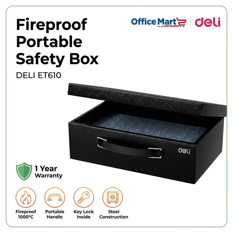 Deli ET610 fireproof portable safety box supplier Malaysia for document and valuables protection