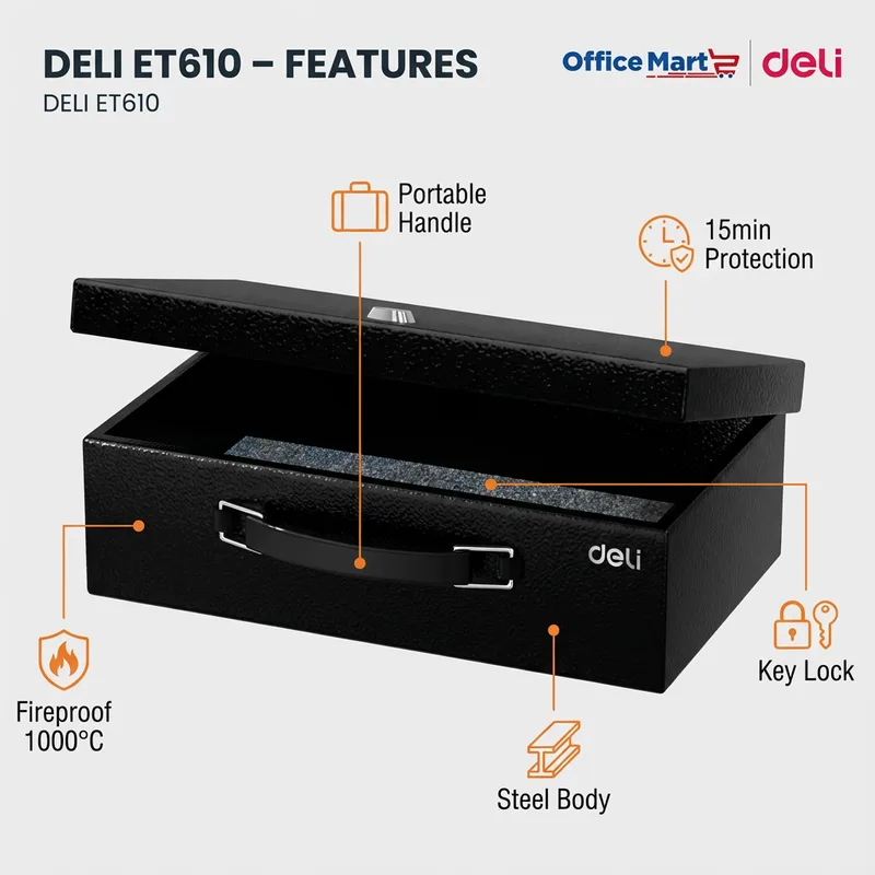 Deli ET610 portable fireproof safety box features with steel body key lock and portable handle Malaysia