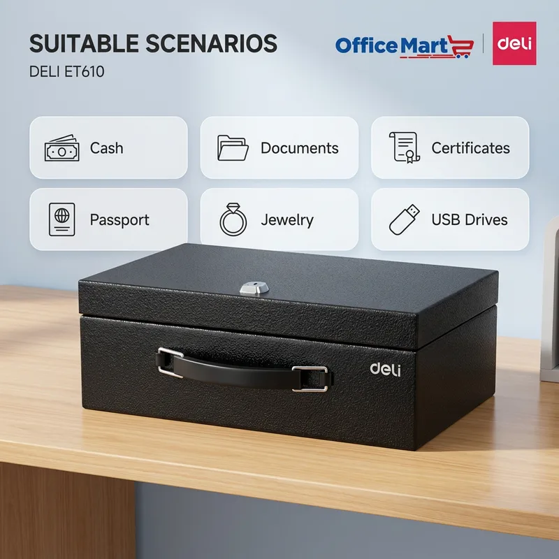 Deli ET610 portable fireproof safe box for cash documents passports certificates jewellery and USB drives