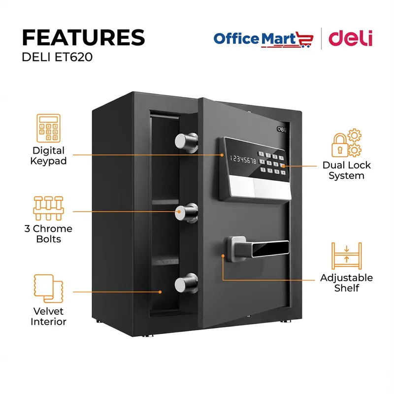 Deli ET620 dual lock digital safe features digital keypad velvet interior adjustable shelf and 3 chrome bolts Malaysia