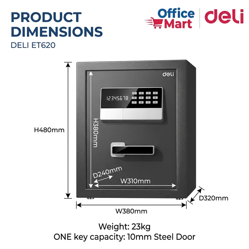 Deli ET620 digital safe dimensions H480mm W380mm D320mm steel door office safe Malaysia