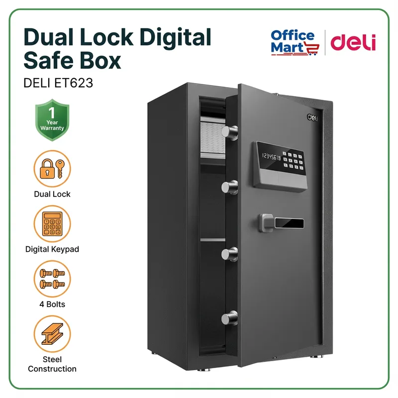 Deli ET623 dual lock digital safe box with steel construction digital keypad and 4 bolts Malaysia