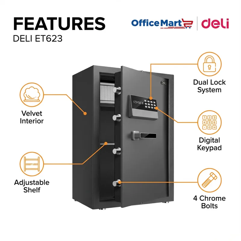 Deli ET623 dual lock digital safe features velvet interior adjustable shelf digital keypad 4 chrome bolts Malaysia