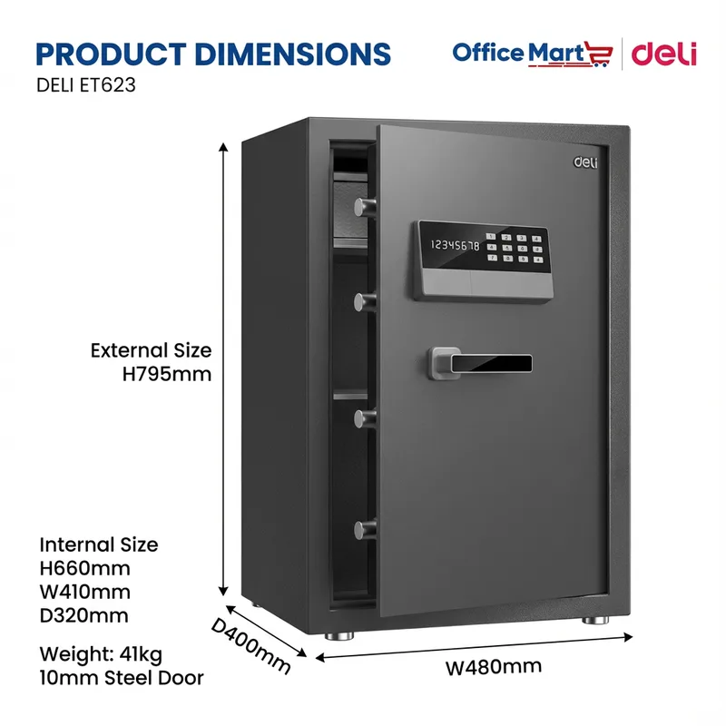 Deli ET623 digital safe dimensions H795mm W480mm D400mm heavy duty steel safe Malaysia