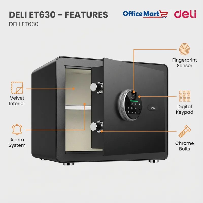 Deli ET630 fingerprint digital safe box features with fingerprint sensor keypad alarm system and chrome bolts
