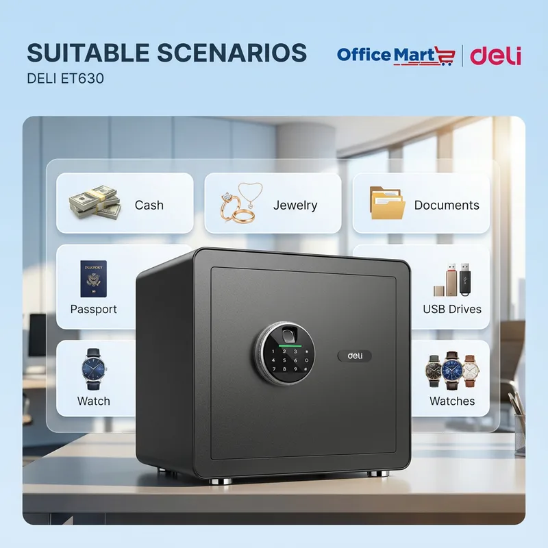 Deli ET630 fingerprint digital safe box for cash jewellery documents passport USB drives and watches