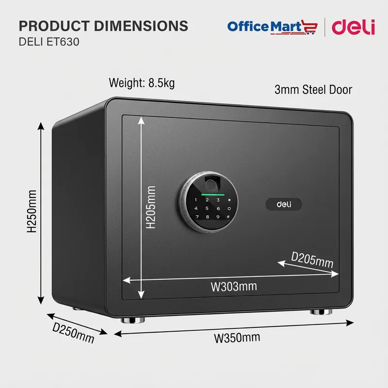 Deli ET630 fingerprint safe box dimensions steel door size and specifications Malaysia