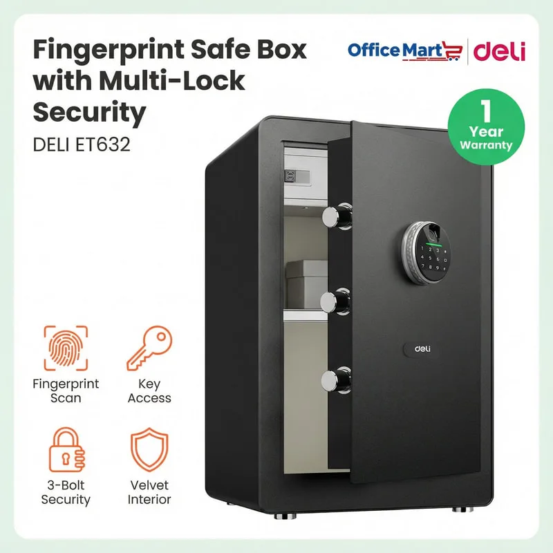 Deli ET632 fingerprint safe box with fingerprint scan key access velvet interior Malaysia