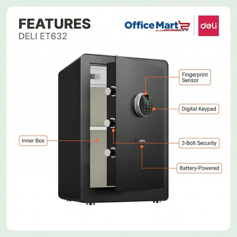 Deli ET632 fingerprint safe features digital keypad 3 bolt security battery powered safe Malaysia
