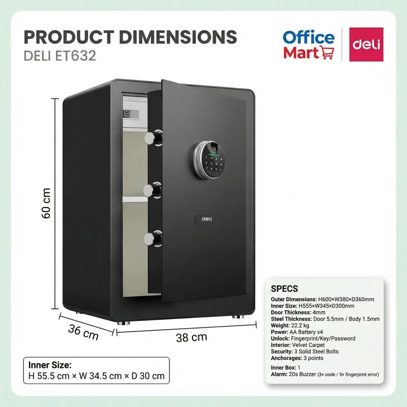 Deli ET632 fingerprint safe dimensions 60cm x 38cm x 36cm digital safe box Malaysia