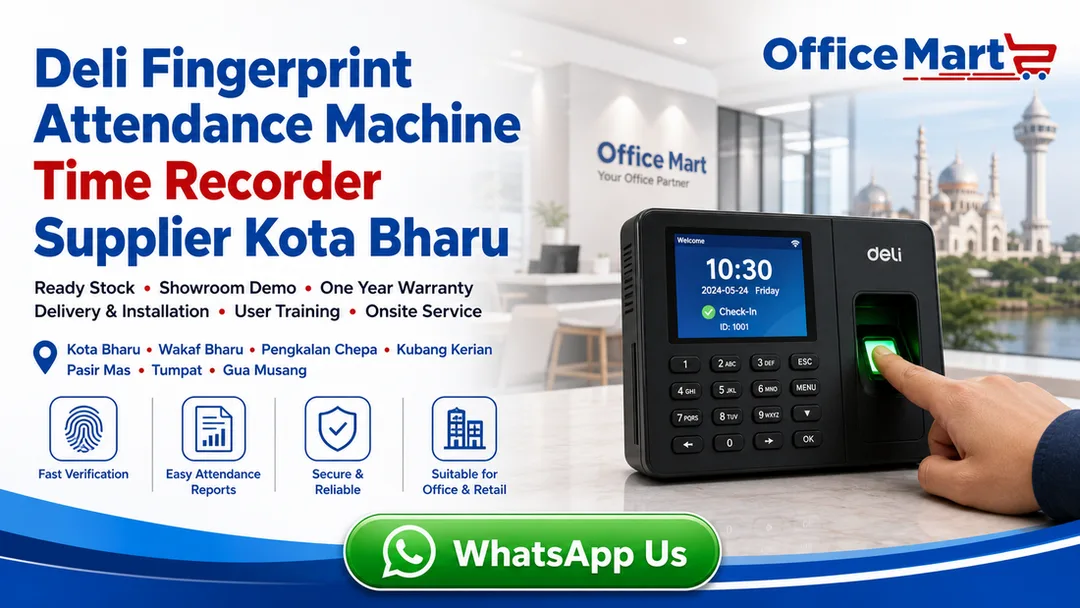 Deli fingerprint attendance machine time recorder supplier in Kota Bharu FSM Solution with showroom demo ready stock delivery installation user training and onsite service