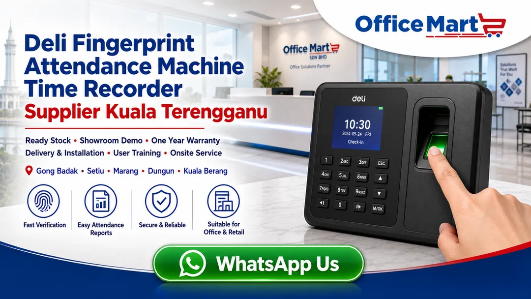 Deli fingerprint attendance machine time recorder supplier in Kuala Terengganu Office Mart beside Maybank with showroom demo delivery installation and onsite service
