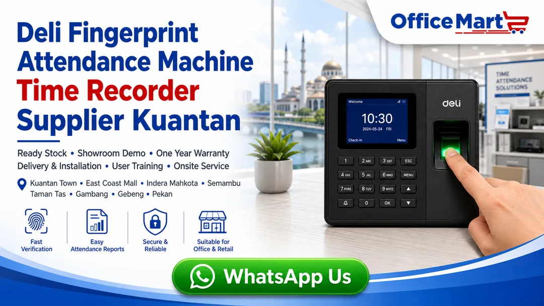 Deli fingerprint attendance machine time recorder supplier in Kuantan Fotostat Seri Murni near East Coast Mall with showroom demo delivery installation user training and onsite service