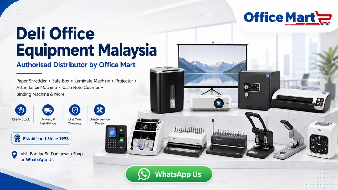Deli office equipment authorised distributor Malaysia Office Mart KL showroom with paper shredder safe box laminator projector attendance machine cash counter and binding machine