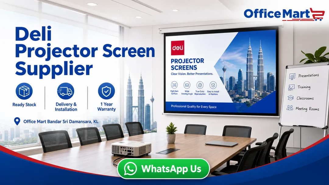 Deli projector screen supplier in KL Malaysia Office Mart Bandar Sri Damansara with tripod manual and motor remote control screen