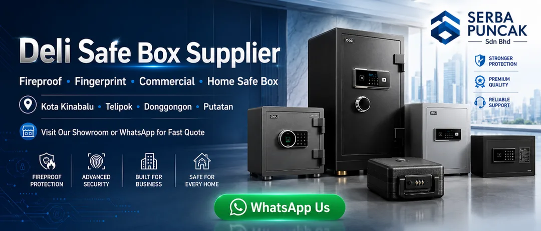 Deli safe box supplier Kota Kinabalu Serba Puncak fireproof fingerprint commercial home safe box Sabah showroom