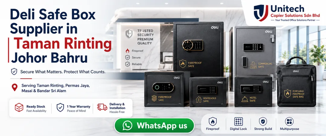 Deli safe box supplier in Taman Rinting Johor Bahru Unitech Copier Solutions with fireproof fingerprint digital commercial household hotel jewelry and portable safe box models