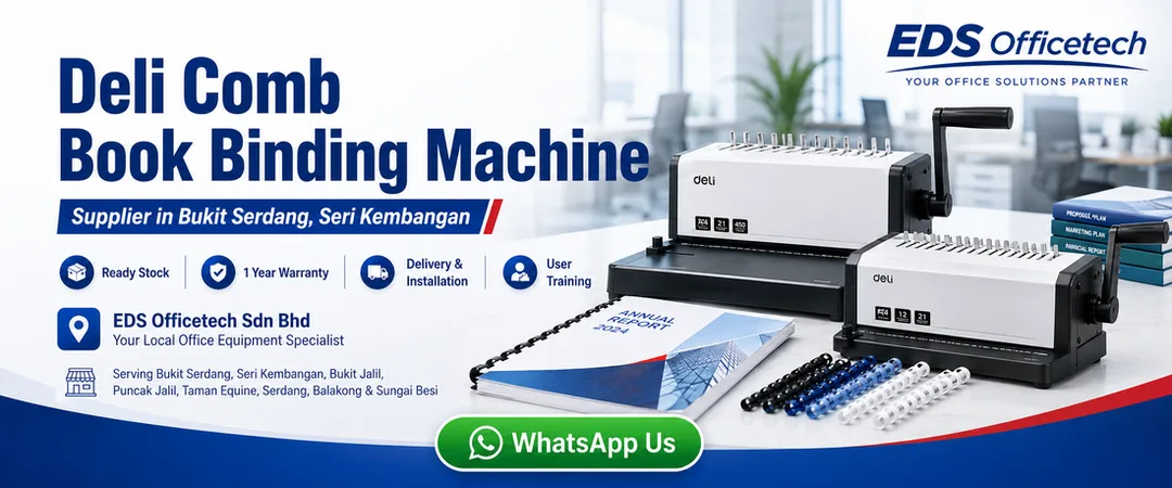 Deli comb book binding machine supplier in Bukit Serdang EDS Officetech with ready stock warranty delivery installation showroom demo and onsite service