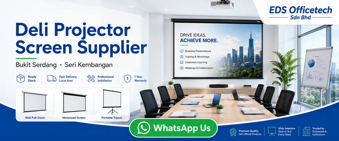 Deli projector screen supplier in Bukit Serdang Seri Kembangan EDS Officetech with ready stock delivery installation showroom demo and warranty