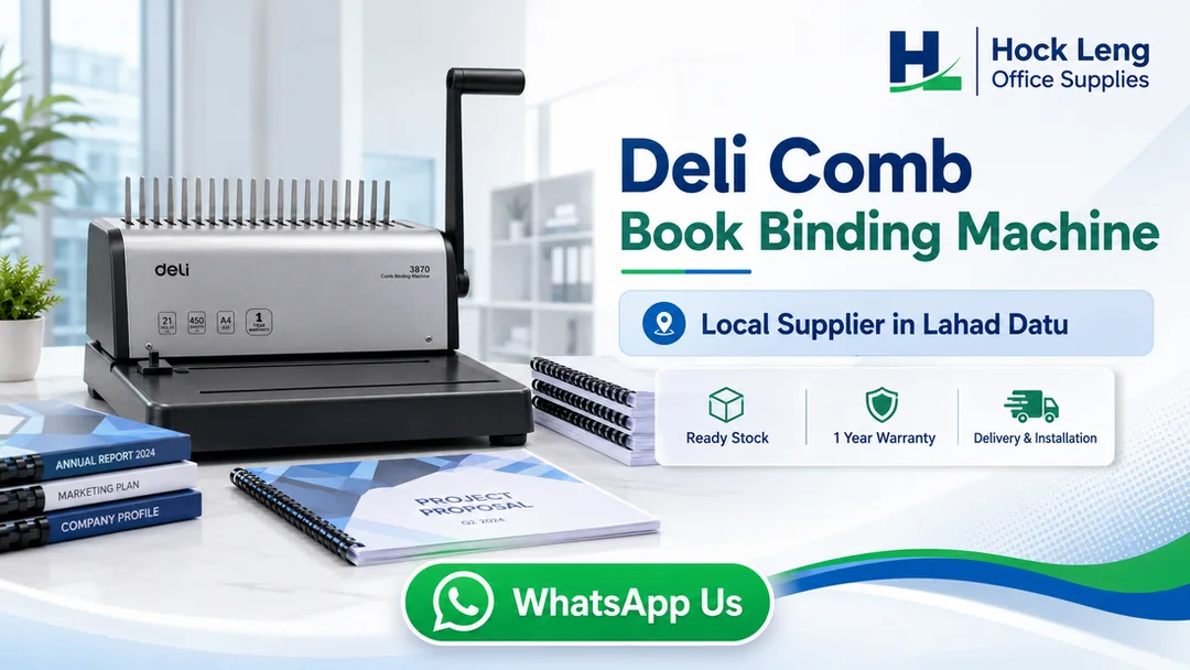 Deli comb book binding machine supplier in Lahad Datu Hock Leng Office Supplies with ready stock warranty delivery installation and showroom demo