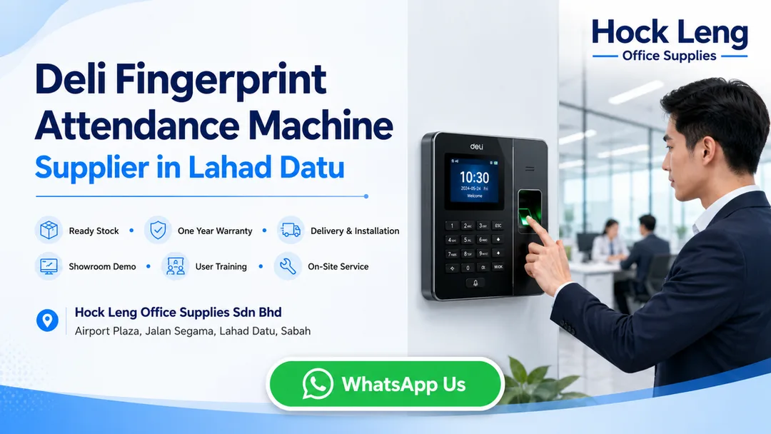 Deli fingerprint attendance machine supplier in Lahad Datu Hock Leng Office Supplies with showroom demo delivery installation user training and onsite service