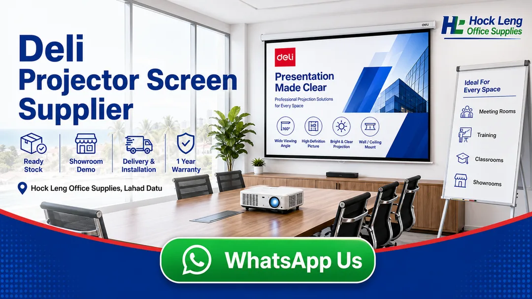 Deli projector screen supplier in Lahad Datu Hock Leng Office Supplies with ready stock delivery installation showroom demo and warranty