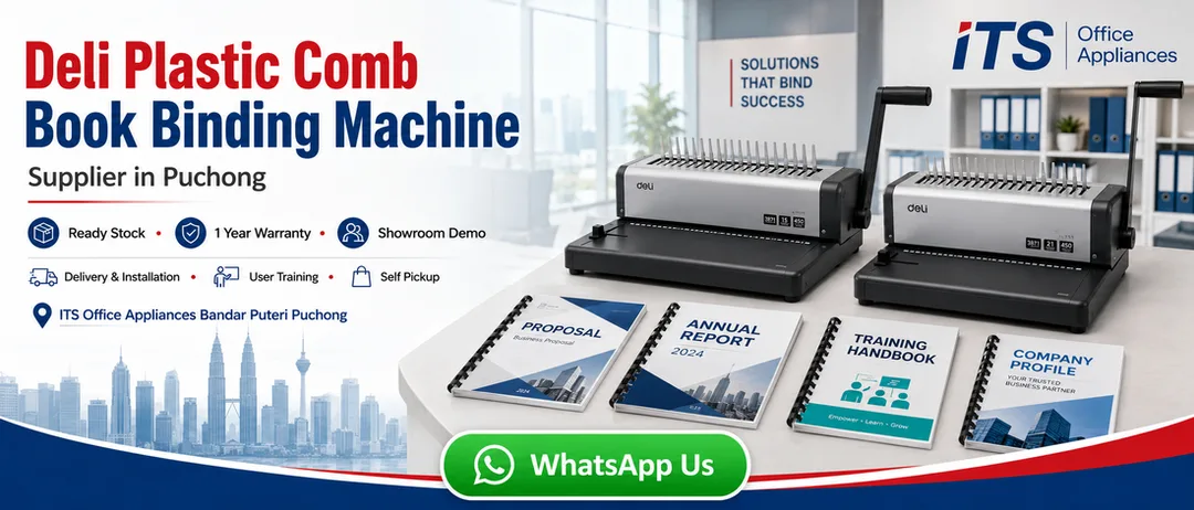 Deli plastic comb book binding machine supplier in Puchong ITS Office Appliances Bandar Puteri with ready stock warranty delivery installation and showroom demo