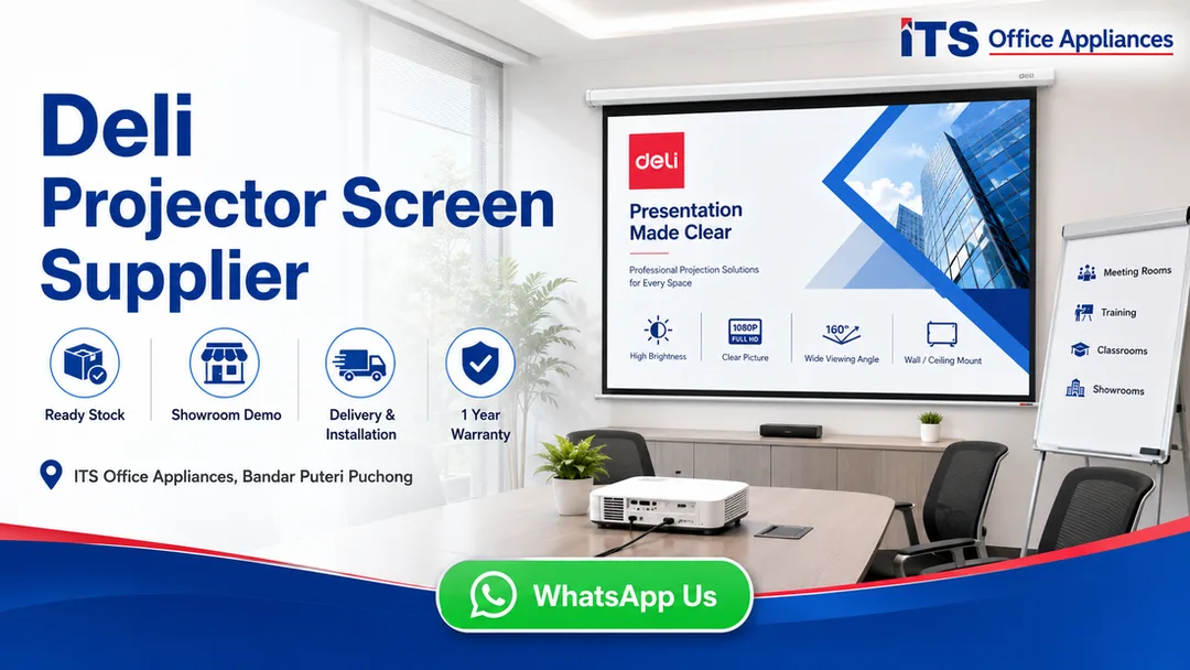 Deli projector screen supplier in Puchong ITS Office Appliances Bandar Puteri with ready stock delivery installation and warranty