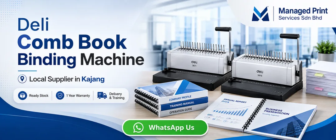 Deli comb book binding machine supplier in Kajang Managed Print Services with ready stock warranty delivery installation showroom demo and onsite service