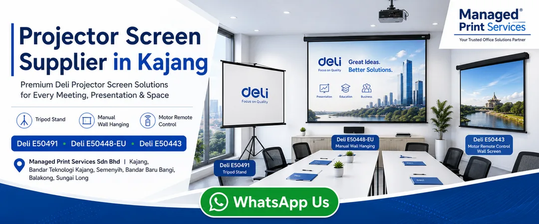 Deli projector screen supplier in Kajang Managed Print Services with tripod stand manual wall hanging motor remote control screen ready stock delivery installation and warranty