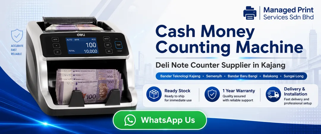 Deli cash money counting machine note counter supplier in Kajang Managed Print Services Sdn Bhd