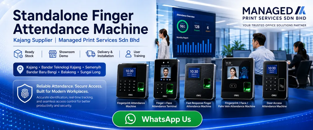 Standalone Deli finger attendance machine supplier in Kajang Managed Print Services Bandar Teknologi Kajang with showroom demo ready stock delivery installation user training and onsite service