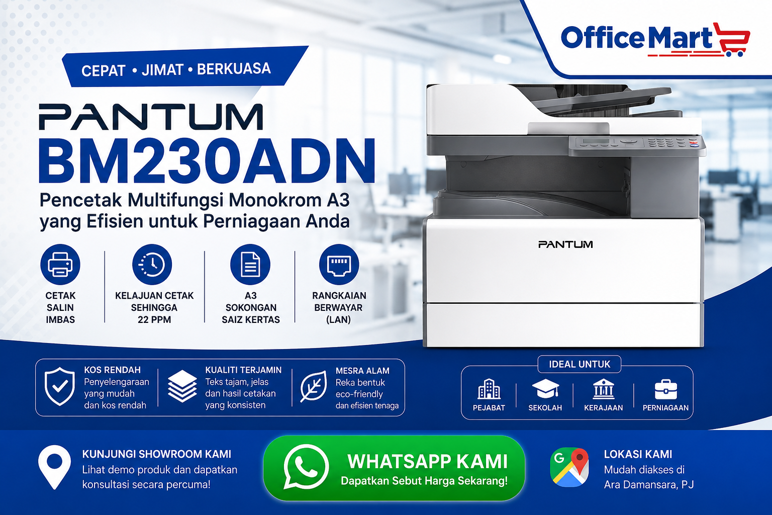 Pantum BM230ADN Mono Laser Multifunction Printer front view at Office Machine Sdn Bhd Ara Damansara