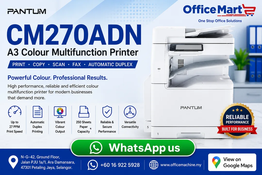 Pantum CM270ADN automatic duplex color multifunction laser printer available at Office Machine Sdn Bhd Ara Damansara