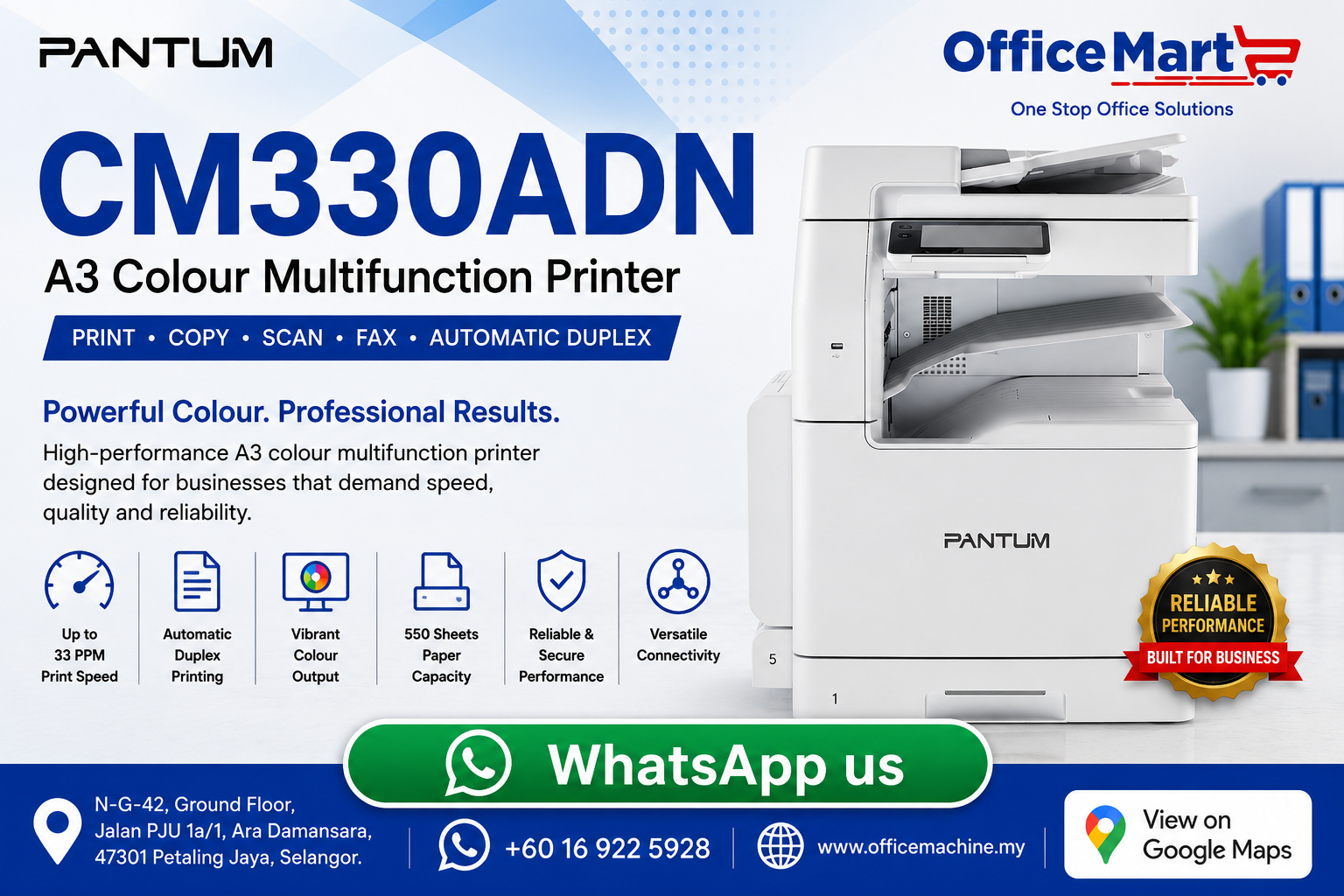 Pantum CM330ADN automatic duplex color multifunction laser printer available at Office Machine Sdn Bhd Ara Damansara