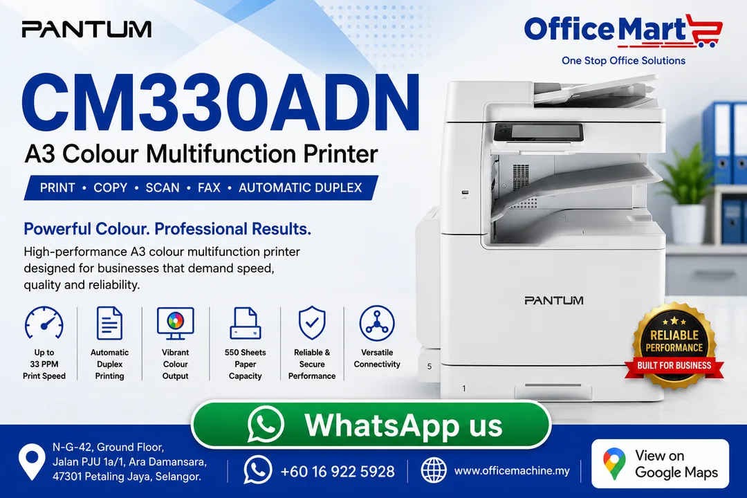 Pantum CM330ADN automatic duplex color multifunction laser printer available at Office Machine Sdn Bhd Ara Damansara