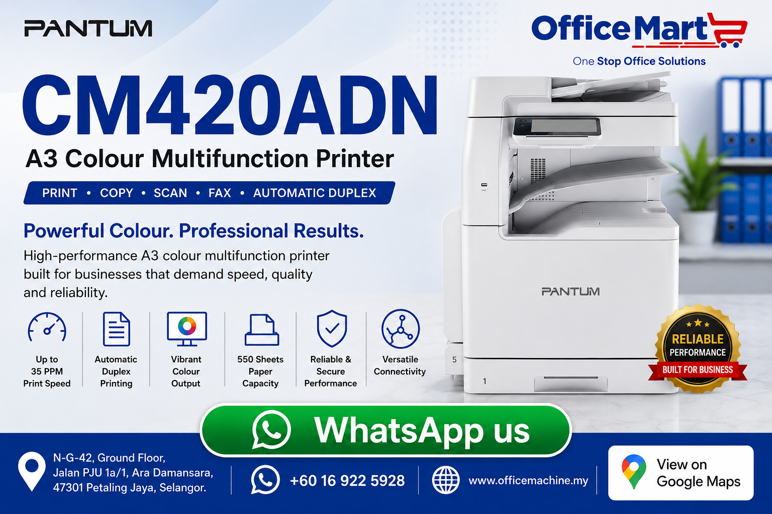 Pantum CM420ADN Color Multifunction Laser Printer supplied by office machine Sdn Bhd Ara Damansara Petaling Jaya