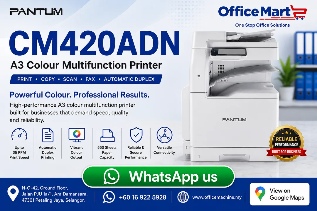 Pantum CM420ADN Color Multifunction Laser Printer supplied by office machine Sdn Bhd Ara Damansara Petaling Jaya