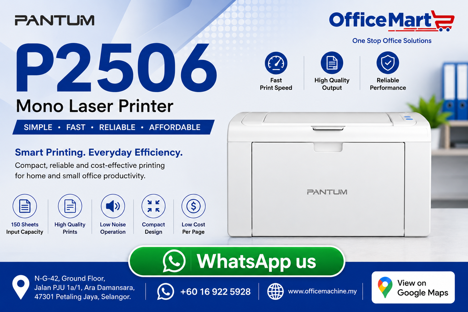 Pantum P2506 Single Function Monochrome Laser Printer supplied by office machine Sdn Bhd Ara Damansara Petaling Jaya