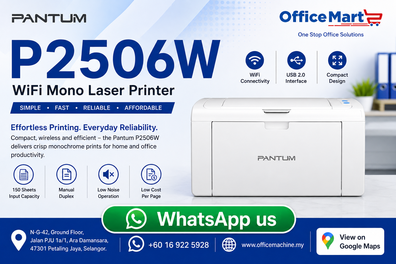 Pantum P2506W Single Function Wireless Monochrome Laser Printer supplied by office machine Sdn Bhd Ara Damansara Petaling Jaya