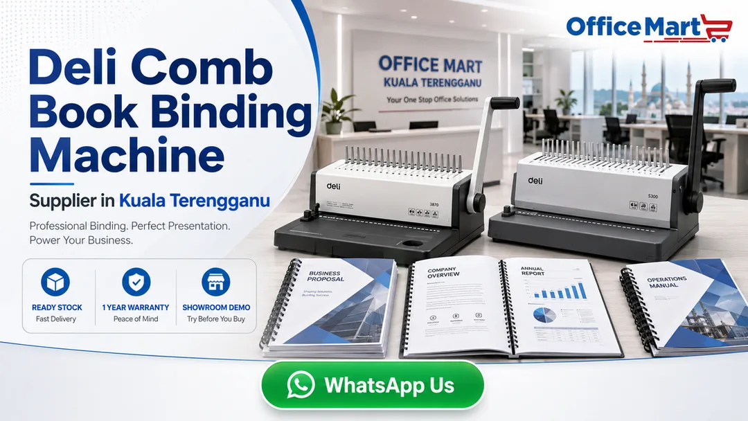 Deli comb book binding machine supplier in Kuala Terengganu Office Mart with ready stock warranty delivery installation showroom demo and onsite service
