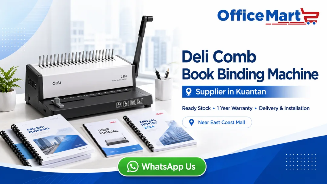 Deli comb book binding machine supplier in Kuantan Office Mart near East Coast Mall with ready stock warranty delivery installation showroom demo and onsite service