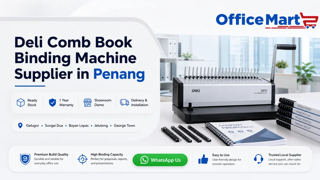 Deli comb book binding machine supplier in Penang Office Mart Gelugor with ready stock warranty delivery installation showroom demo and onsite service