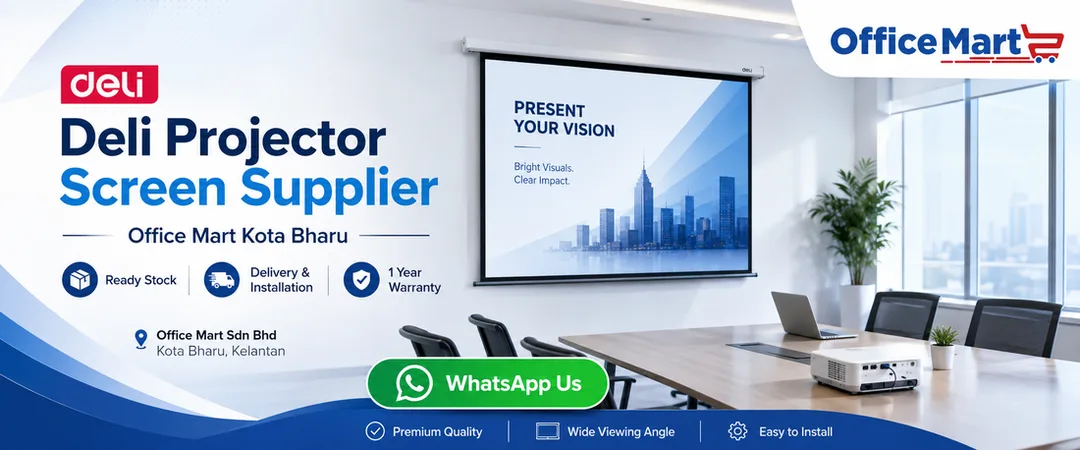 Deli projector screen supplier in Kota Bharu Office Mart Kelantan with ready stock delivery installation showroom demo and warranty