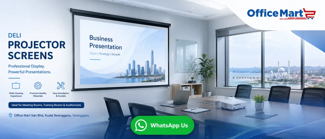 Deli projector screen supplier in Kuala Terengganu Office Mart with ready stock delivery installation showroom demo and warranty