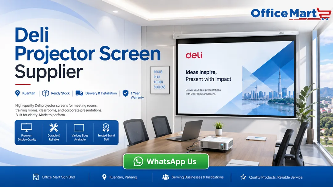 Deli projector screen supplier in Kuantan Office Mart near East Coast Mall with ready stock delivery installation showroom demo and warranty