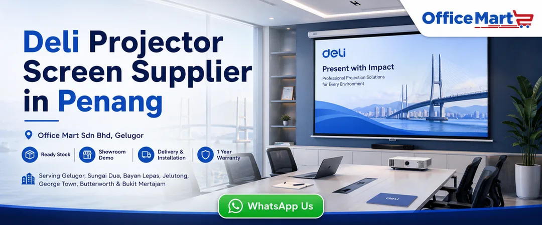 Deli projector screen supplier in Penang Office Mart Gelugor with ready stock delivery installation showroom demo and warranty