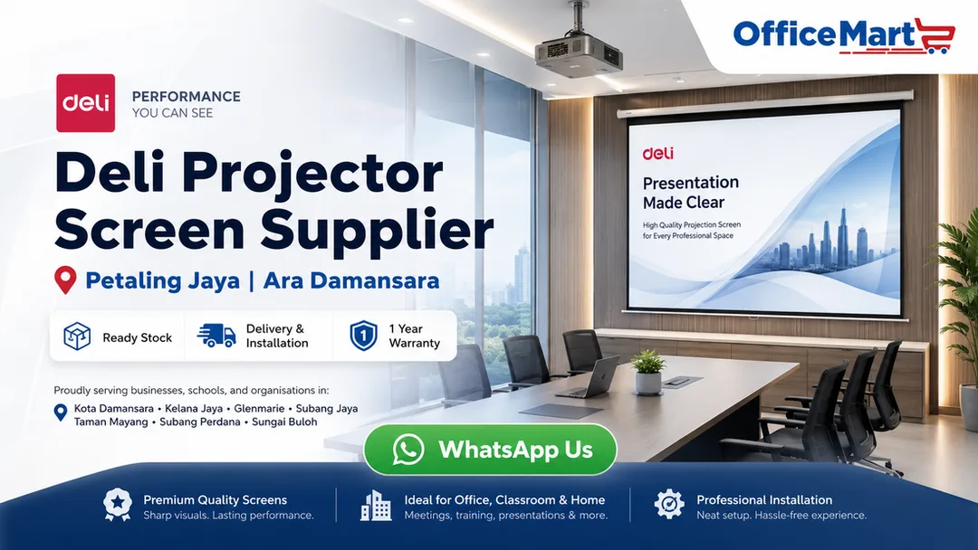 Deli projector screen supplier in Petaling Jaya Office Mart Ara Damansara with ready stock delivery installation showroom demo and warranty