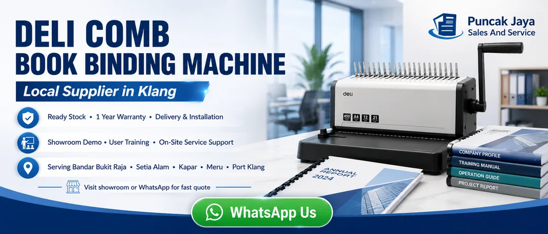 Deli comb book binding machine supplier in Klang Puncak Jaya Sales And Service with ready stock warranty delivery installation showroom demo and onsite service